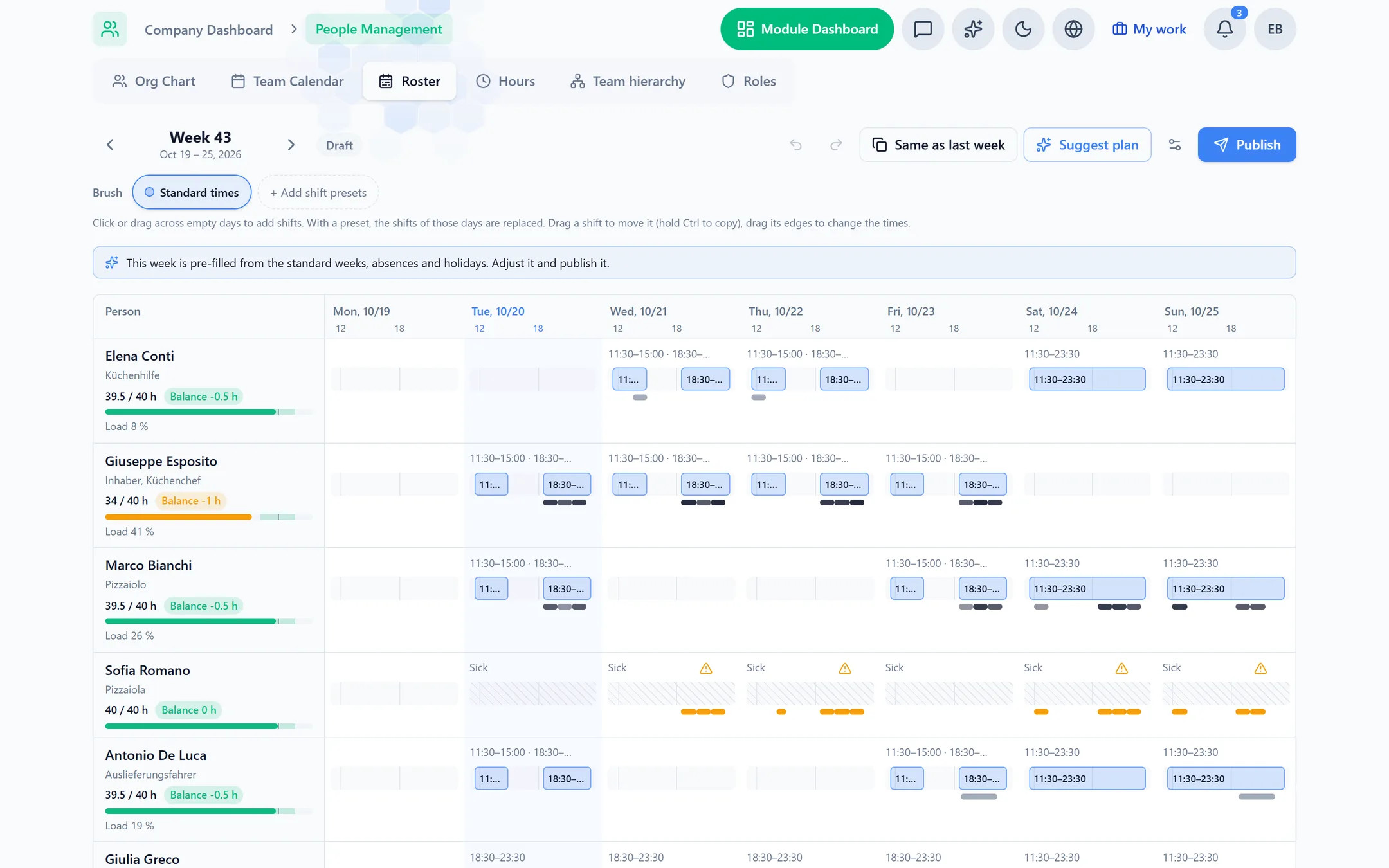 Staff roster in Capwork, shown in an example business