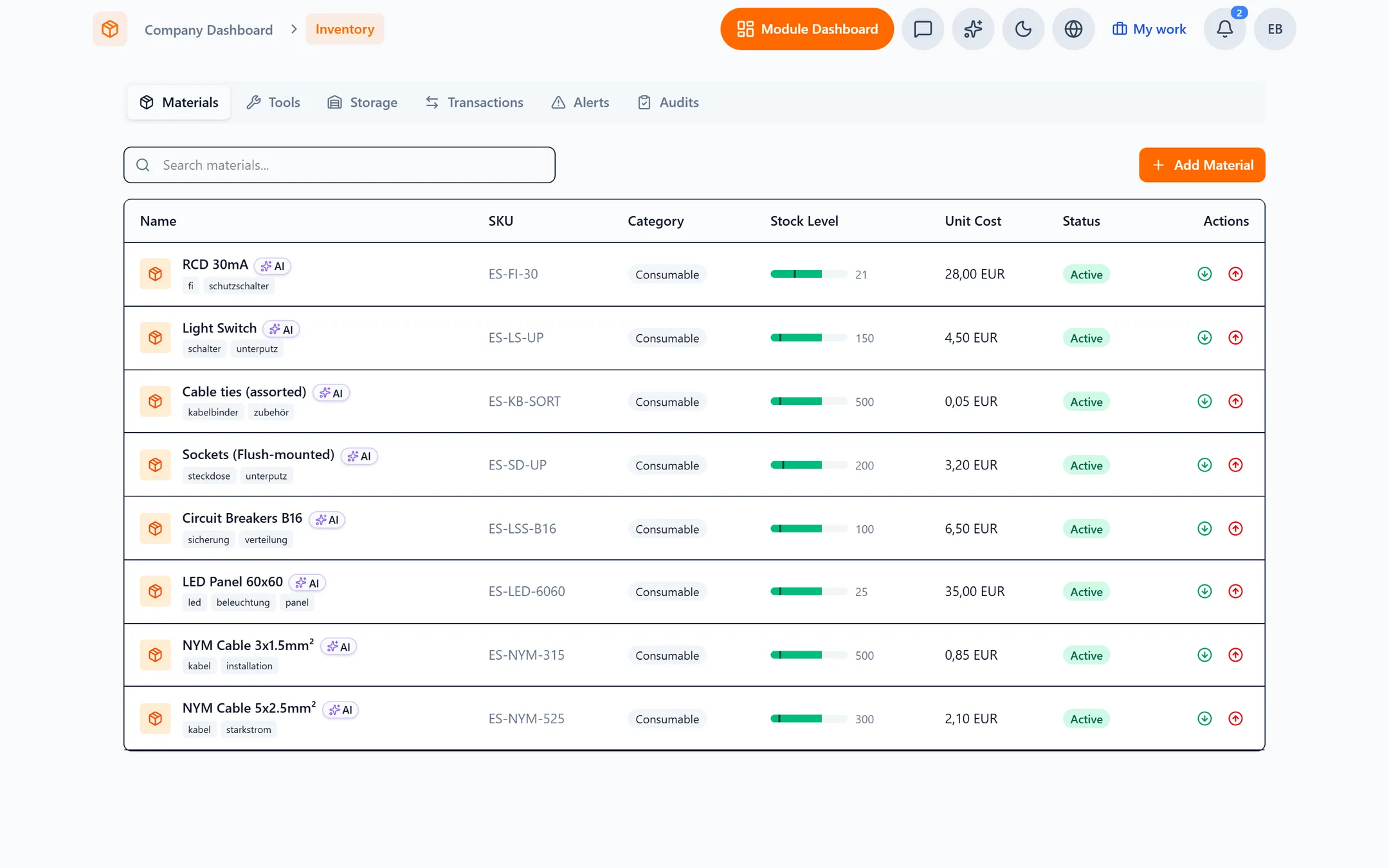 Running out of stock in Capwork, shown in an example business
