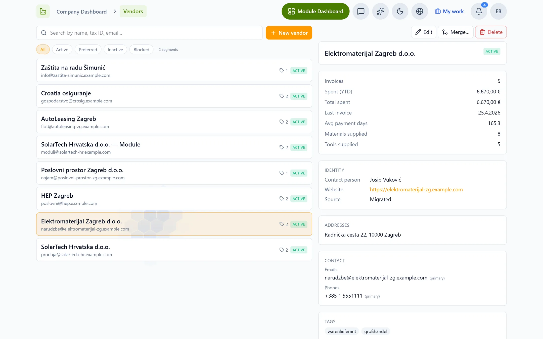 Suppliers at a glance in Capwork, shown in an example business