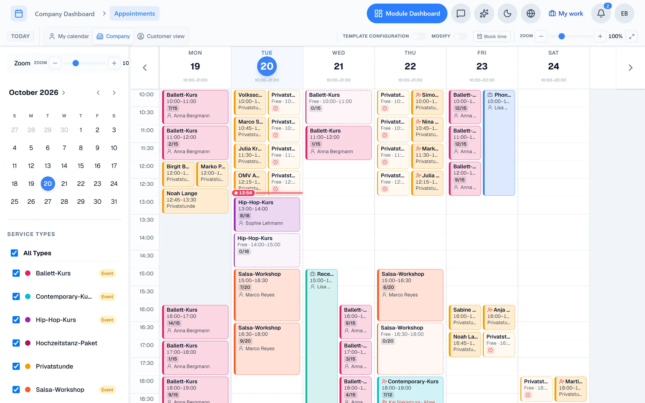 No-shows and double-bookings in Capwork, shown in an example business