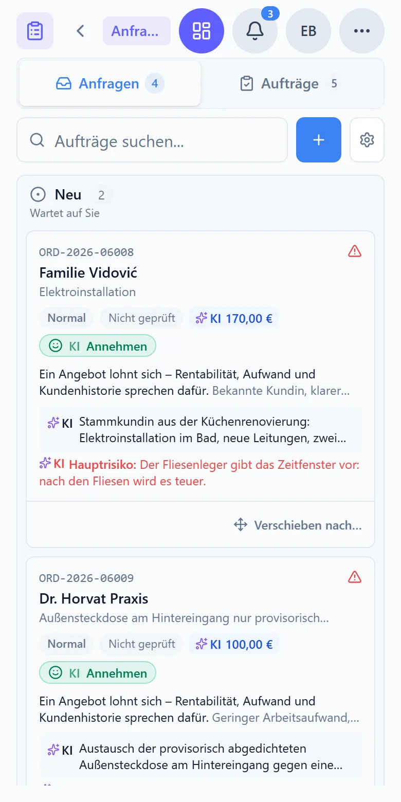 Tagesplanung in Capwork auf dem Smartphone