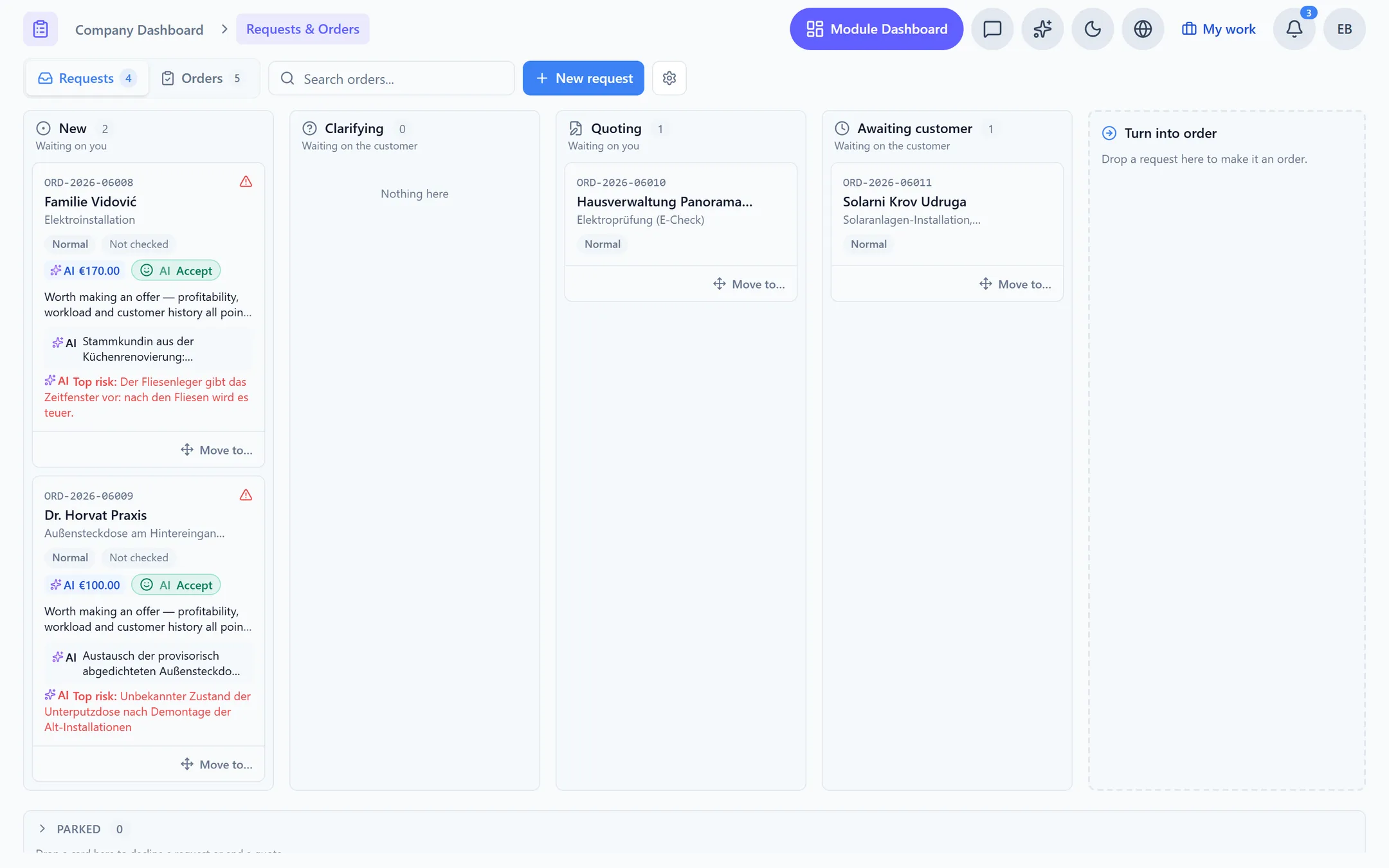 Planning the day in Capwork, shown in an example business