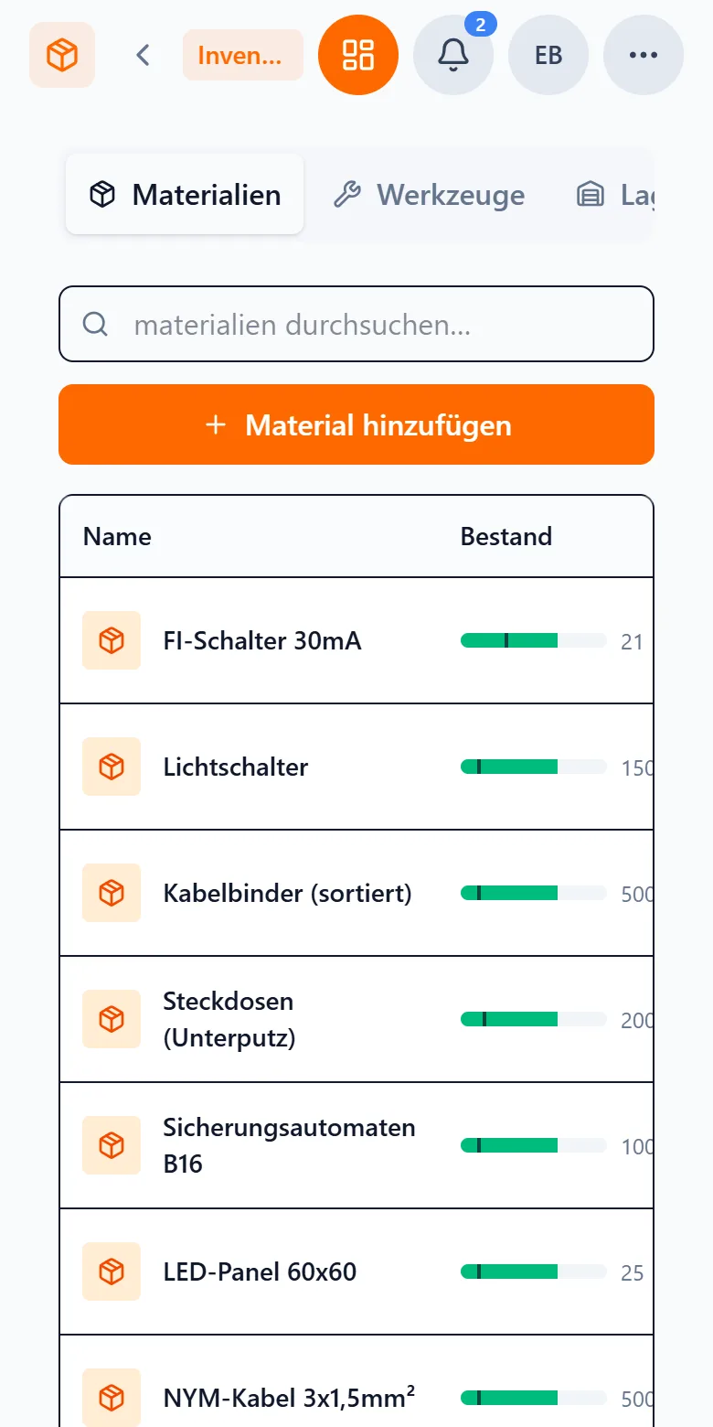 Material geht aus in Capwork auf dem Smartphone